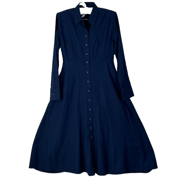 Uniqlo Maxi Dress Women's XS Navy Fit & Flare Long Sleeve Button Up Collared - Picture 1 of 7